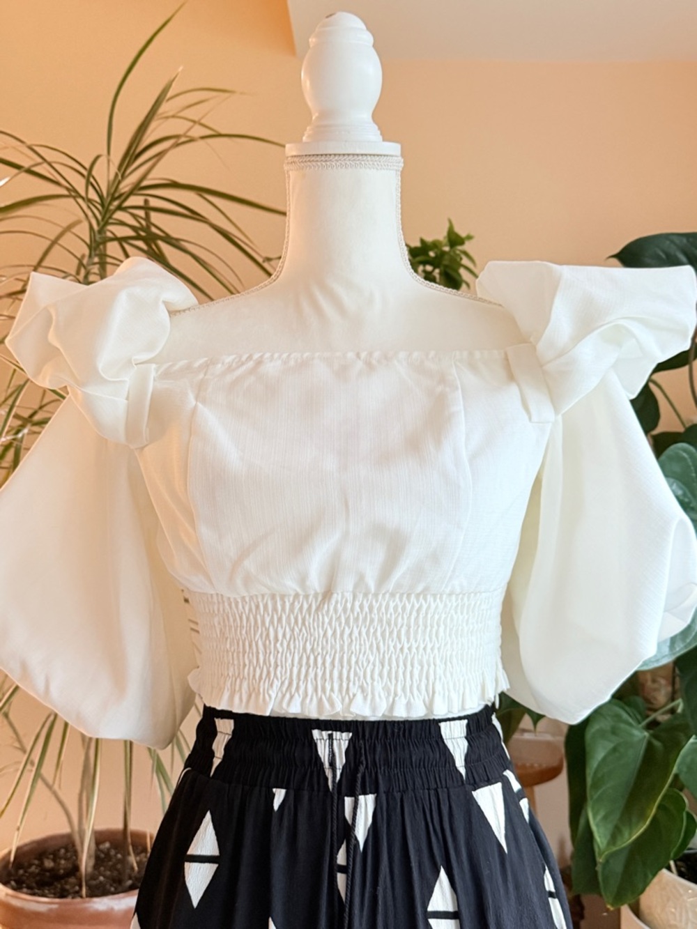 White Puff Bell Sleeve Smocked Crop Bride Top Off Shoulder Summer Blouse